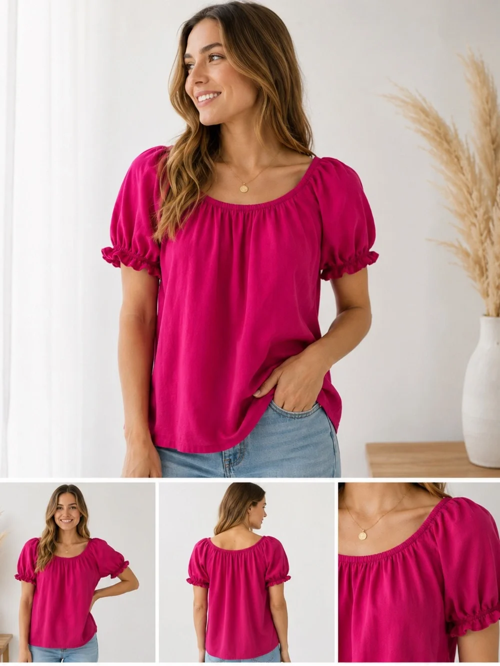 🌼 3/$15 J. Crew Fuchsia Puff-Sleeve Peasant Top S